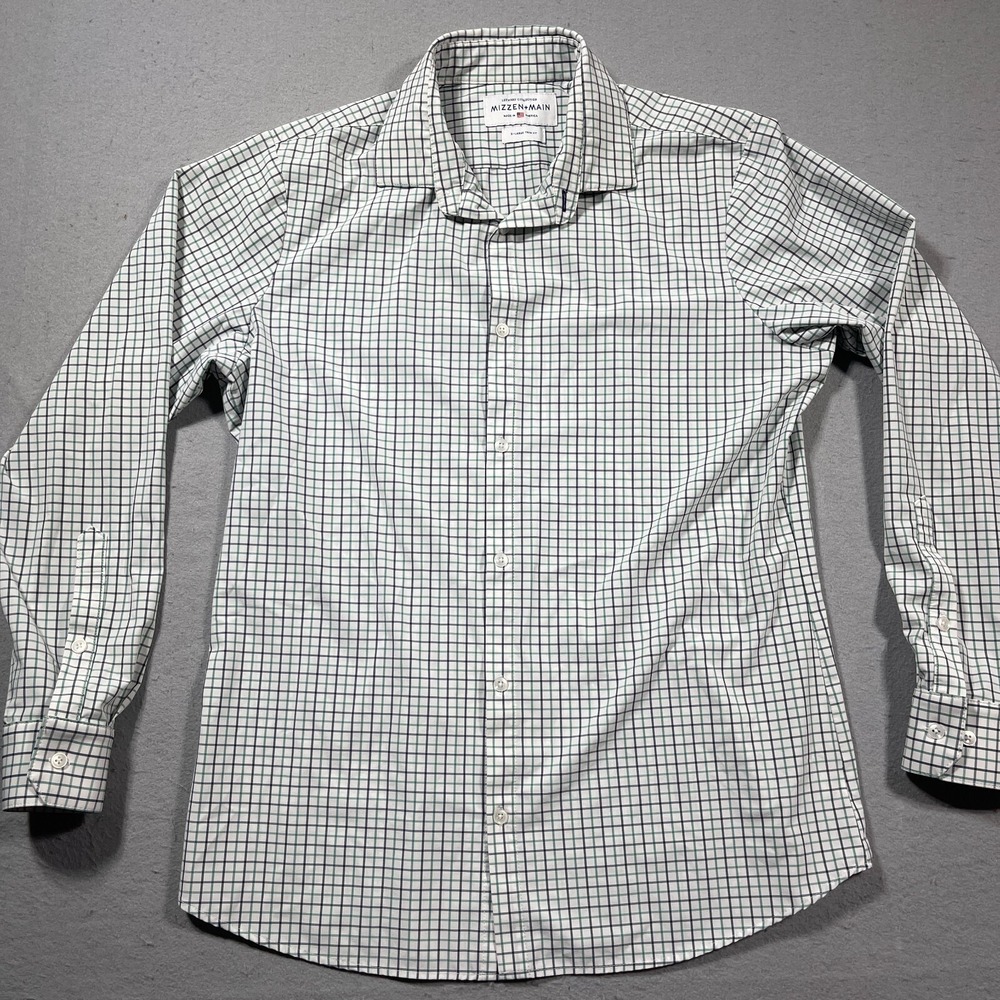 Mizzen+Main Leeward Collection Shirt XL Trim Fit Green Navy Check Performance - Picture 2 of 12